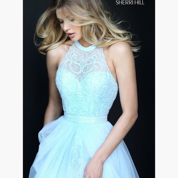 Sherri Hill 50859 Light Blue Halter Neck Prom Dress - Picture 2 of 4